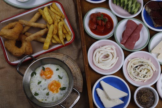 variety of global breakfast dishes