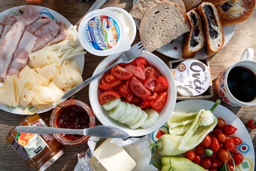 colorful breakfast spread with eggs and vegetables