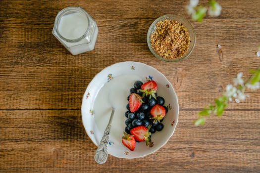 healthy breakfast plate filled with fruits, nuts, and yogurt