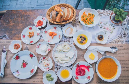 a colorful breakfast spread on a table