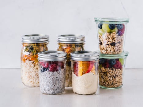 breakfast preparation with fruits and grains