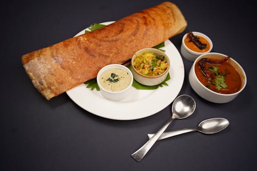 Traditional Indian breakfast of dosa and chutney