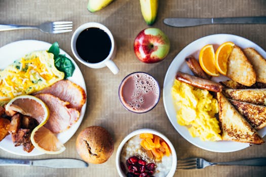 healthy breakfast plate with eggs and fruits