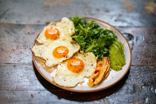 healthy breakfast with eggs and avocado