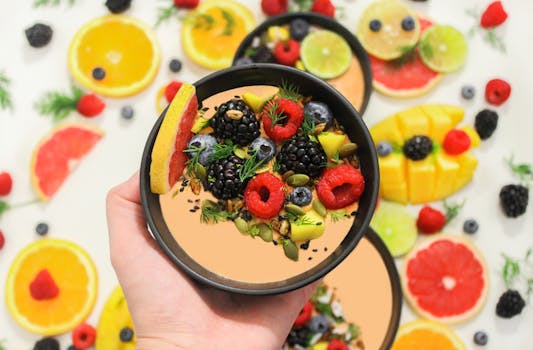 colorful smoothie bowl with fruits and nuts