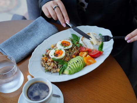 healthy breakfast plate with eggs and avocado