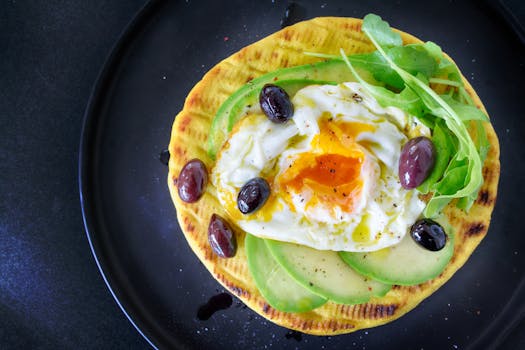 healthy breakfast plate with eggs, avocado, and toast