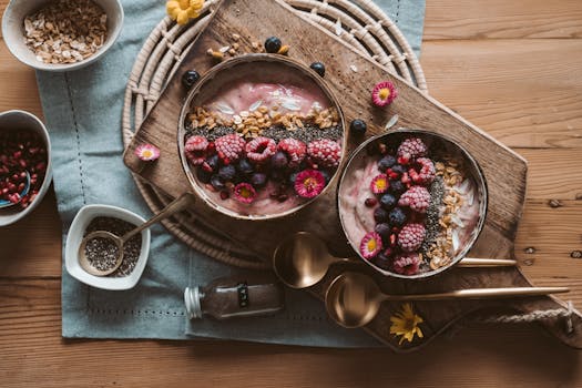 Colorful smoothie bowls with chia seeds and fruits