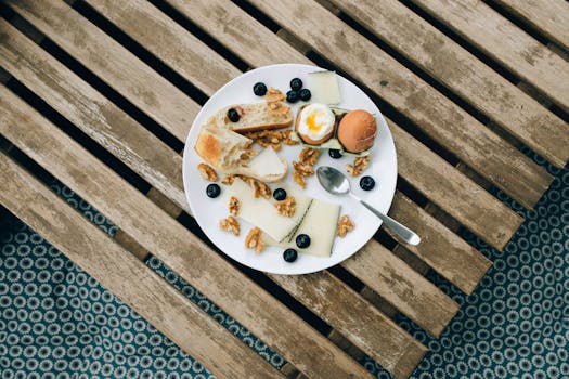 healthy breakfast spread with eggs and nuts