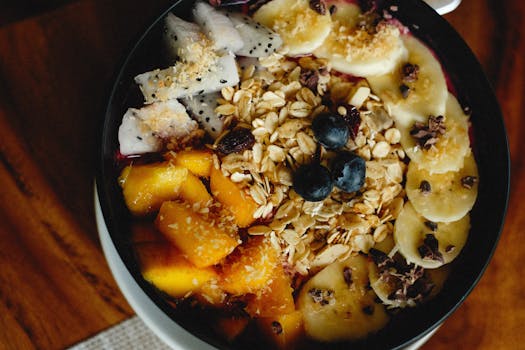 colorful breakfast spread with fruits and oatmeal